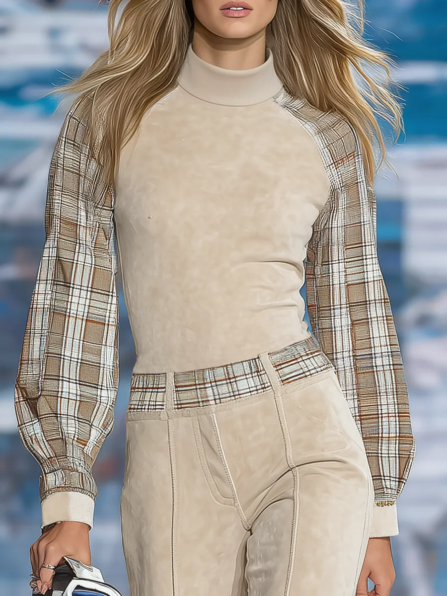 Elegant Plaid Patchwork Faux Suede Top And Flared Trousers Set sold by Oyrosy product image thumbnail 3