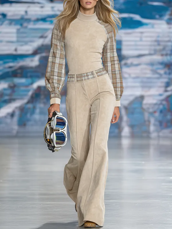 Elegant Plaid Patchwork Faux Suede Top And Flared Trousers Set sold by Oyrosy