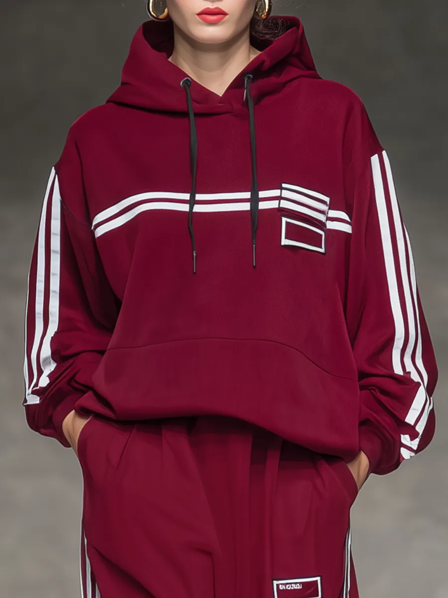 Sporty Retro Striped Hoodie And Wide-leg Pants Set sold by Oyrosy product image thumbnail 3