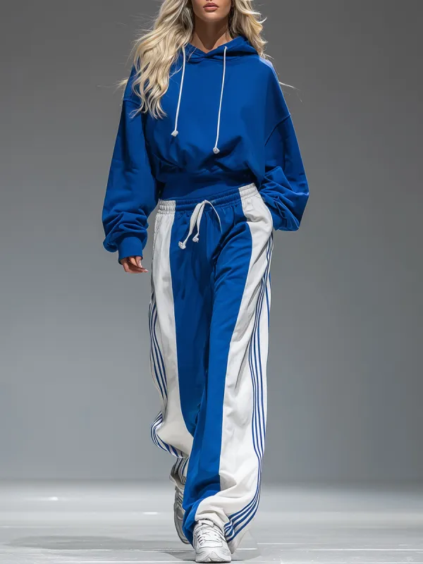 Retro Sporty Hoodie And Striped Wide-leg Pants Set sold by Oyrosy