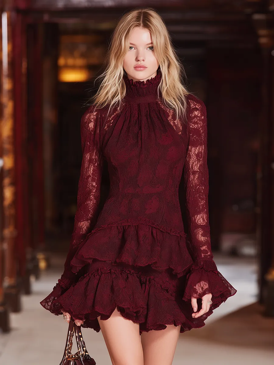 Retro Sexy Elegant Stand-up Collar Lace Mini Dress sold by Oyrosy product image thumbnail 2