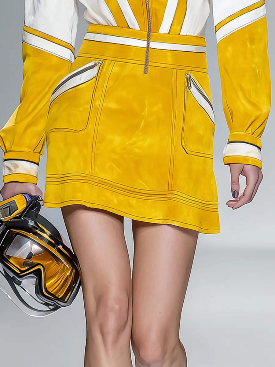 Stylish Retro Motorcycle Zipper Stand Collar Color-blocked Faux Suede Mini Dress sold by Oyrosy product image thumbnail 4