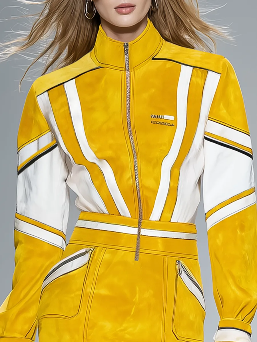 Stylish Retro Motorcycle Zipper Stand Collar Color-blocked Faux Suede Mini Dress sold by Oyrosy product image thumbnail 3