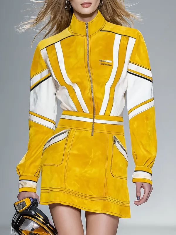 Stylish Retro Motorcycle Zipper Stand Collar Color-blocked Faux Suede Mini Dress sold by Oyrosy