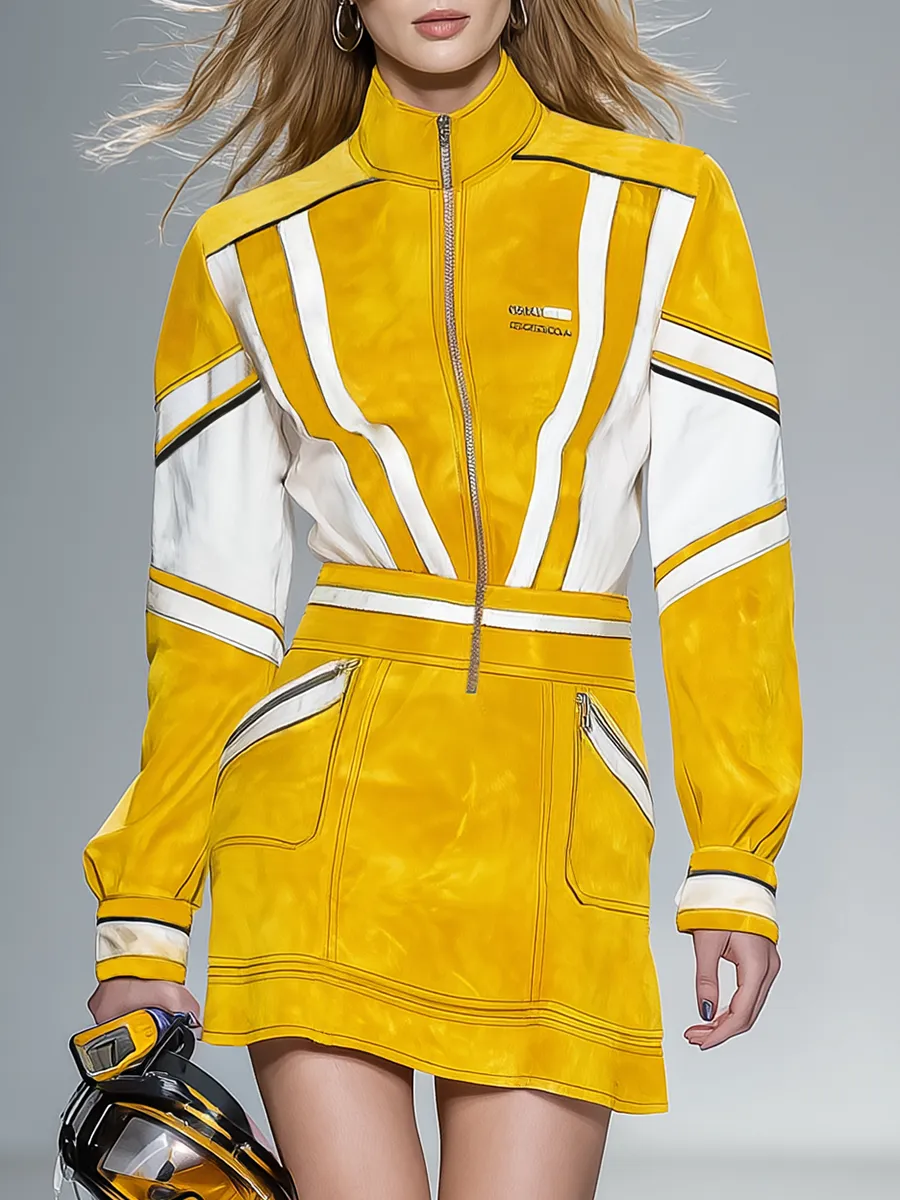 Stylish Retro Motorcycle Zipper Stand Collar Color-blocked Faux Suede Mini Dress sold by Oyrosy