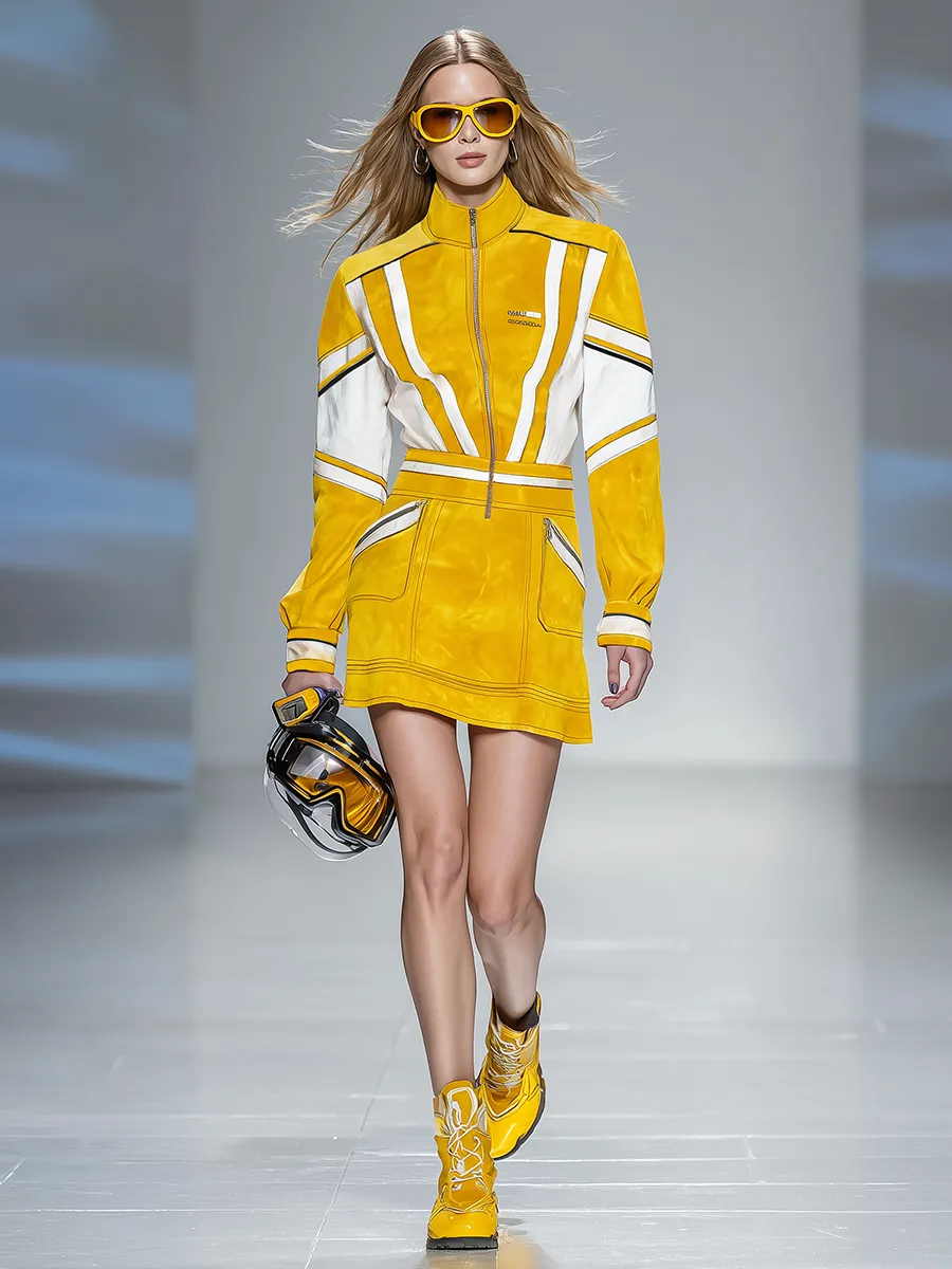 Stylish Retro Motorcycle Zipper Stand Collar Color-blocked Faux Suede Mini Dress sold by Oyrosy product image thumbnail 2