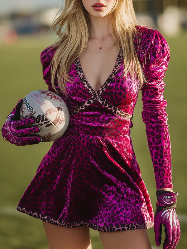 Fashionable Sporty Retro Leopard Print V-neck Velvet Mini Dress sold by Oyrosy