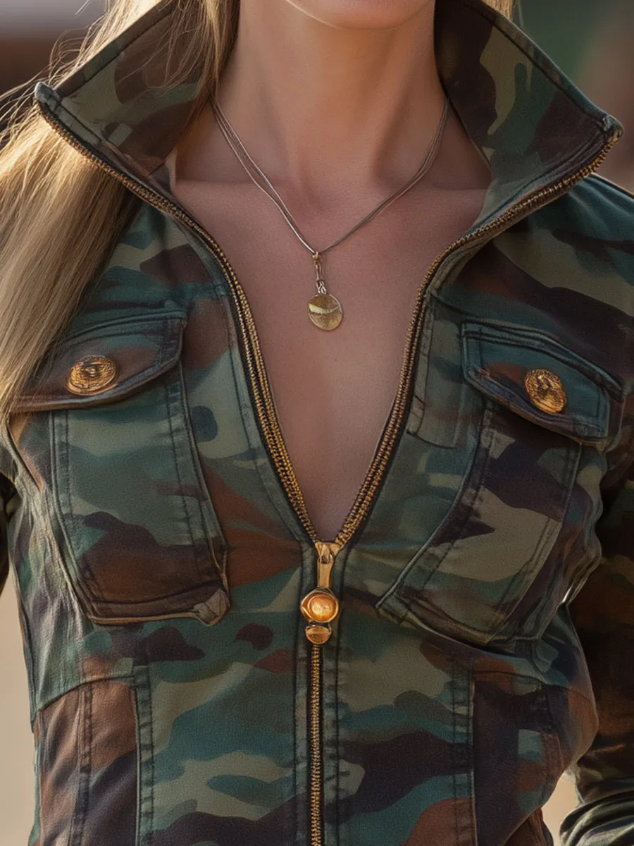 Western-style Long-sleeved Camouflage Zippered Pocket Jacket sold by Oyrosy product image thumbnail 4