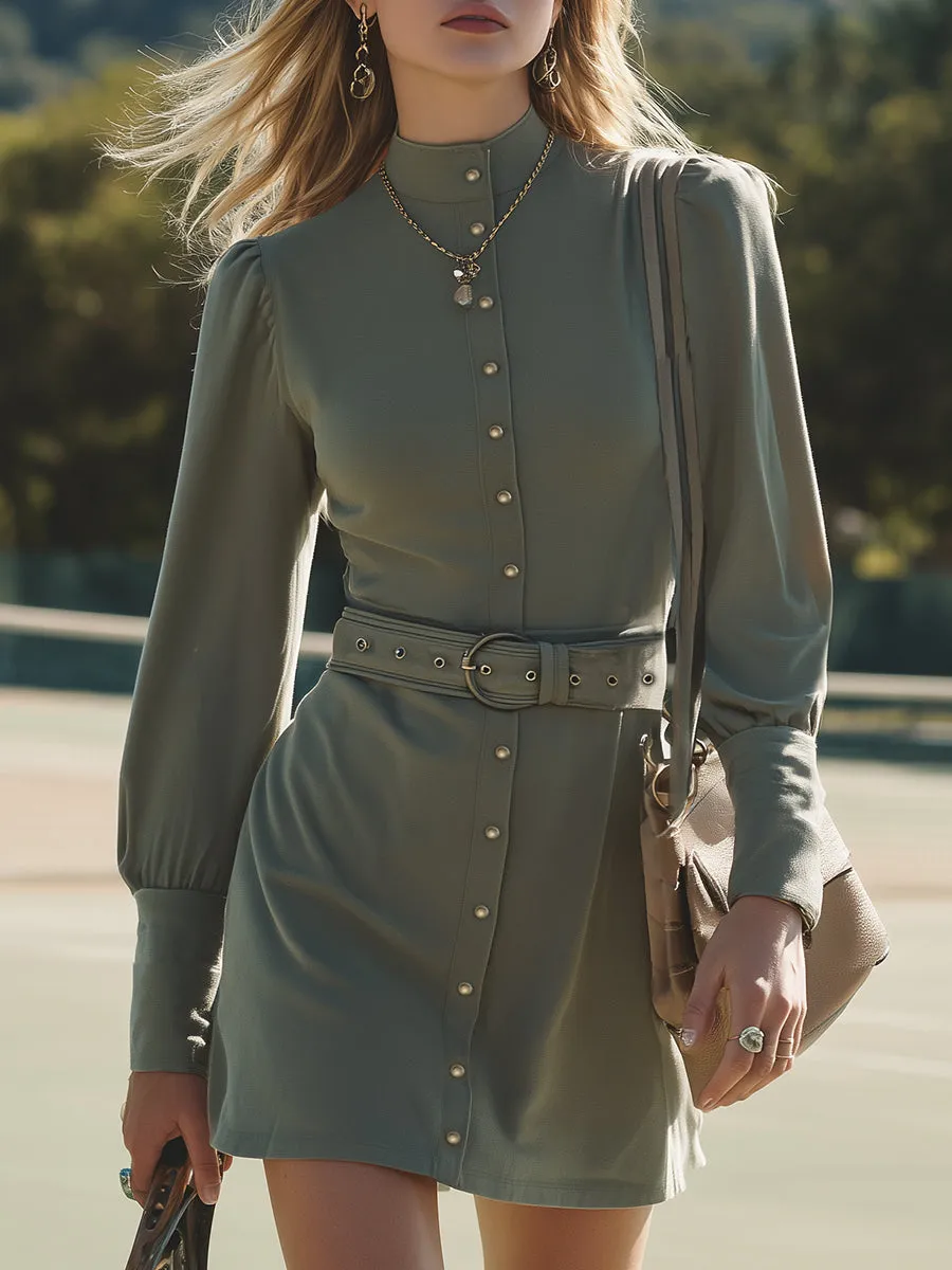 Retro-style Olive Green Stand-up Collar Mini Dress sold by Oyrosy