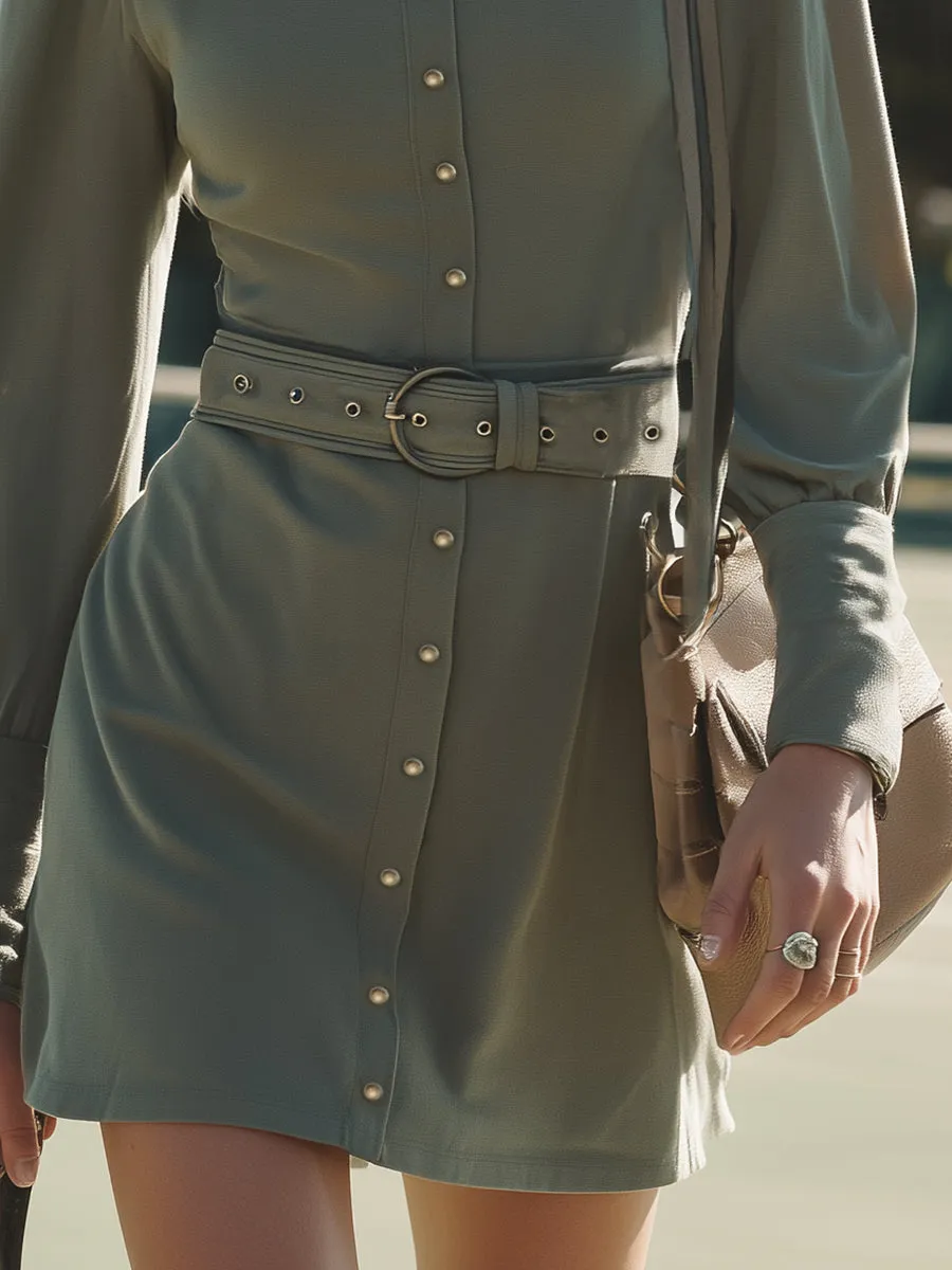 Retro-style Olive Green Stand-up Collar Mini Dress sold by Oyrosy product image thumbnail 4