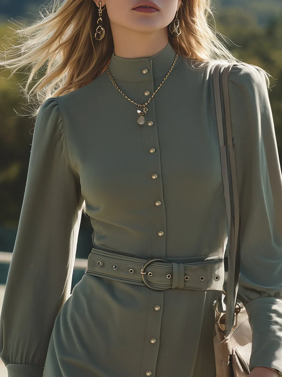 Retro-style Olive Green Stand-up Collar Mini Dress sold by Oyrosy product image thumbnail 3