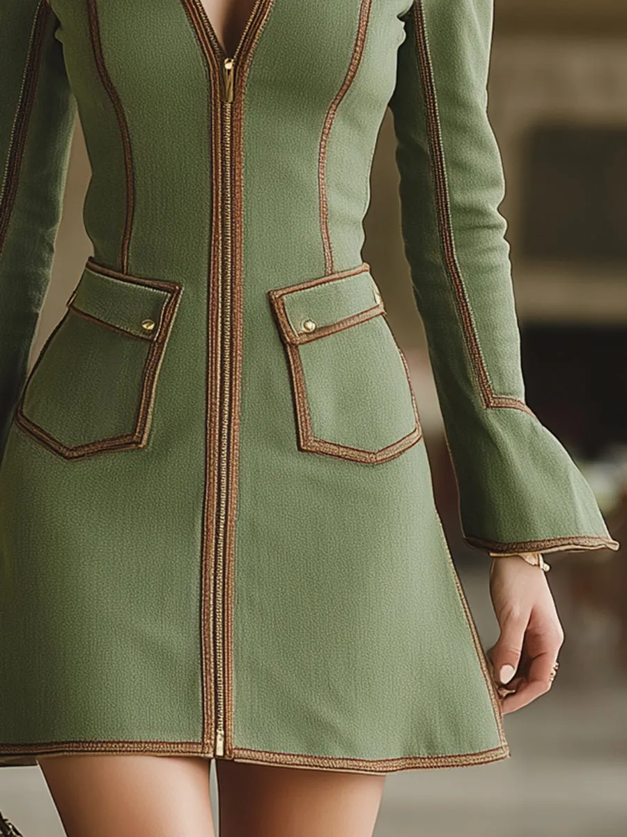 Retro-chic Brown Trim Olive Green Mini Dress sold by Oyrosy product image thumbnail 4