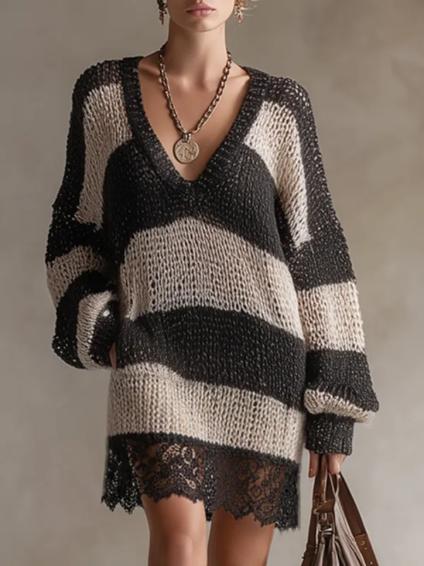 Chic Urban Lace-trimmed Black Striped V-neck Knit Mini Dress sold by Oyrosy