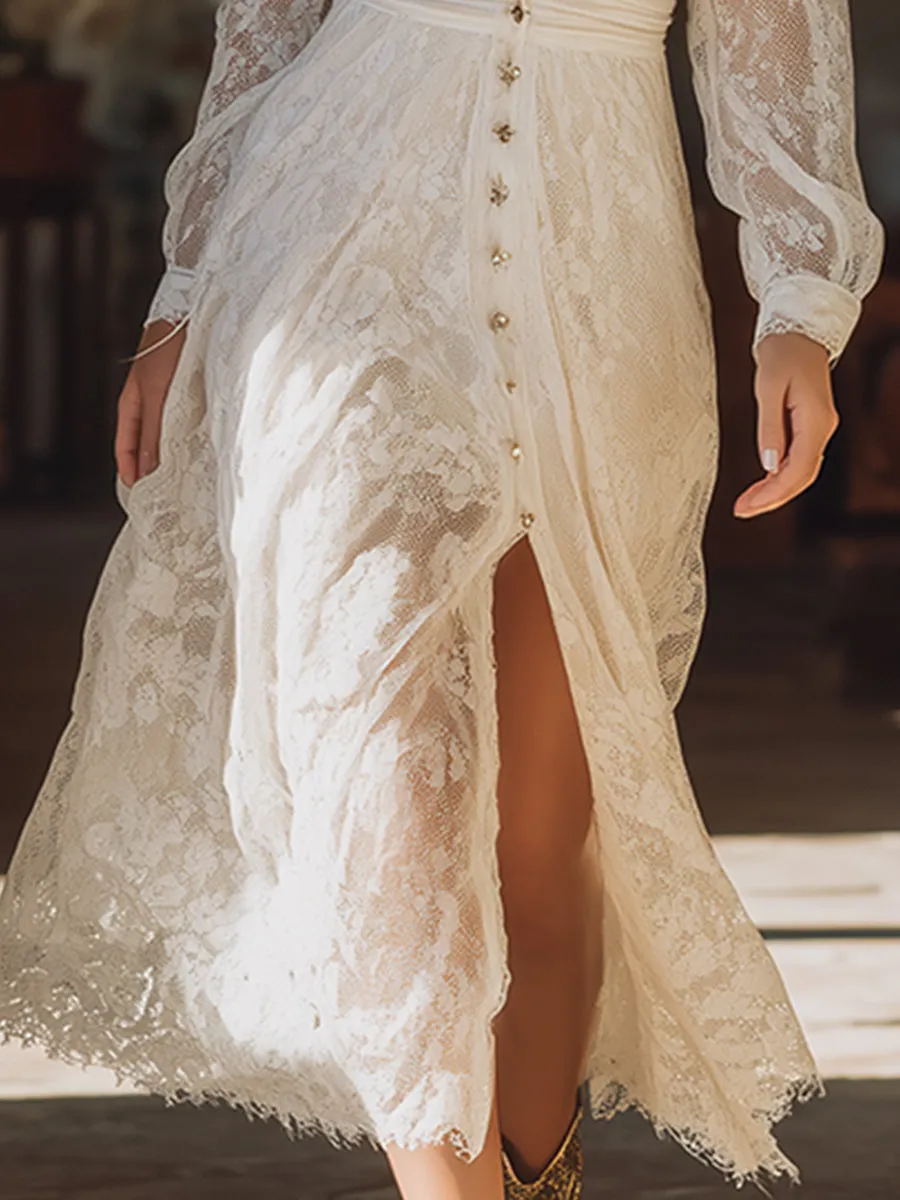 Elegant Vacation V-neck White Lace Maxi Dress sold by Oyrosy product image thumbnail 4