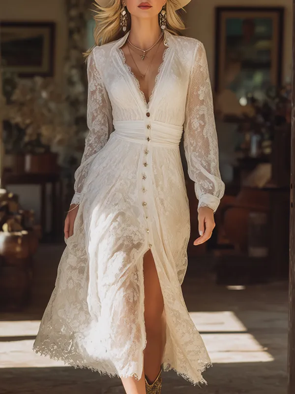 Elegant Vacation V-neck White Lace Maxi Dress sold by Oyrosy