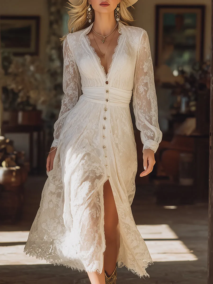 Elegant Vacation V-neck White Lace Maxi Dress sold by Oyrosy