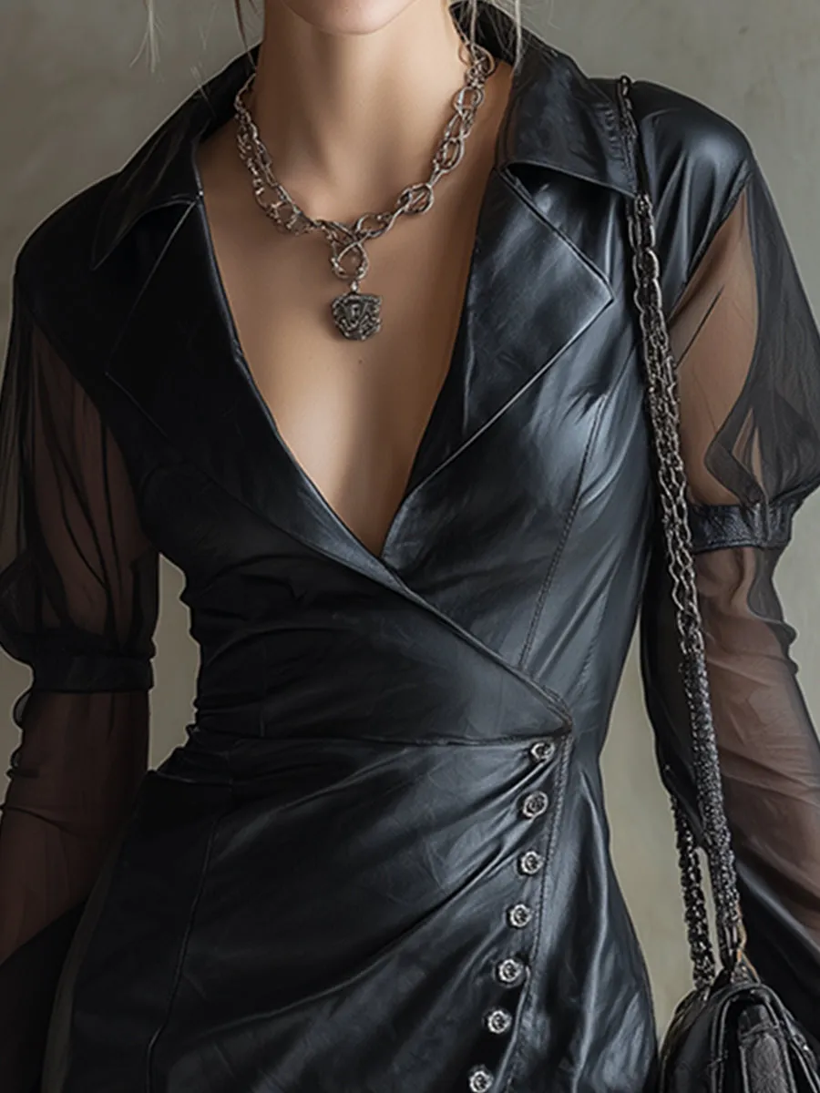Elegant Black Collared Faux Leather Chiffon Long-sleeved Mini Dress sold by Oyrosy product image thumbnail 3