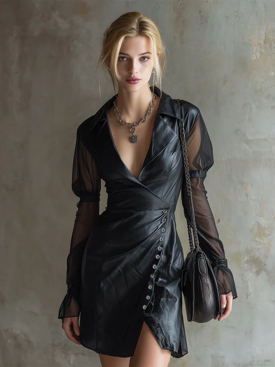 Elegant Black Collared Faux Leather Chiffon Long-sleeved Mini Dress sold by Oyrosy product image thumbnail 2