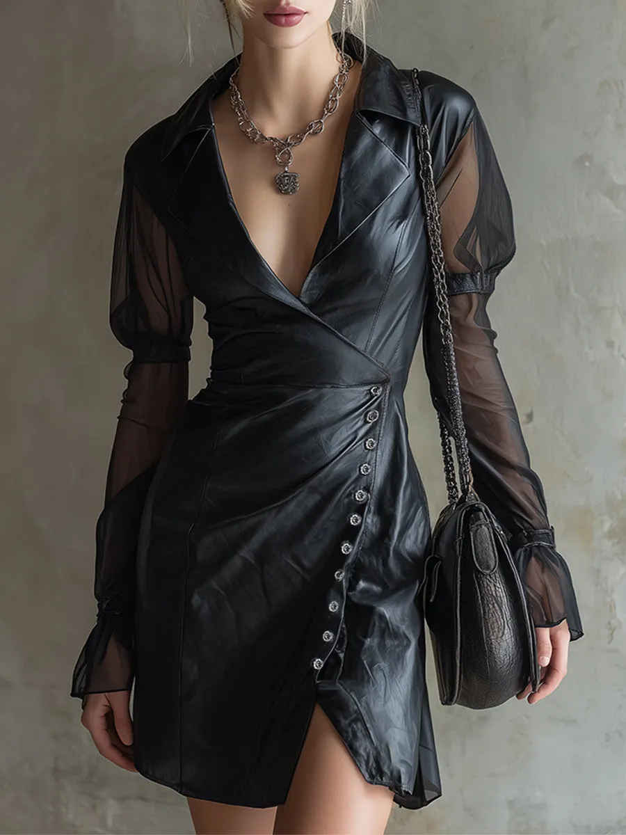 Elegant Black Collared Faux Leather Chiffon Long-sleeved Mini Dress sold by Oyrosy