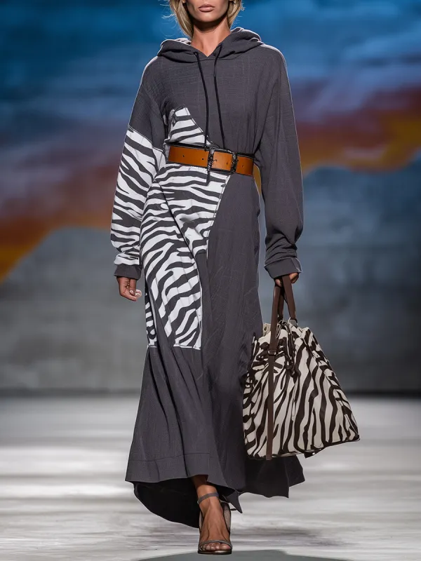 Stylish Grey Patchwork Zebra Print Hooded Maxi Dress sold by Oyrosy