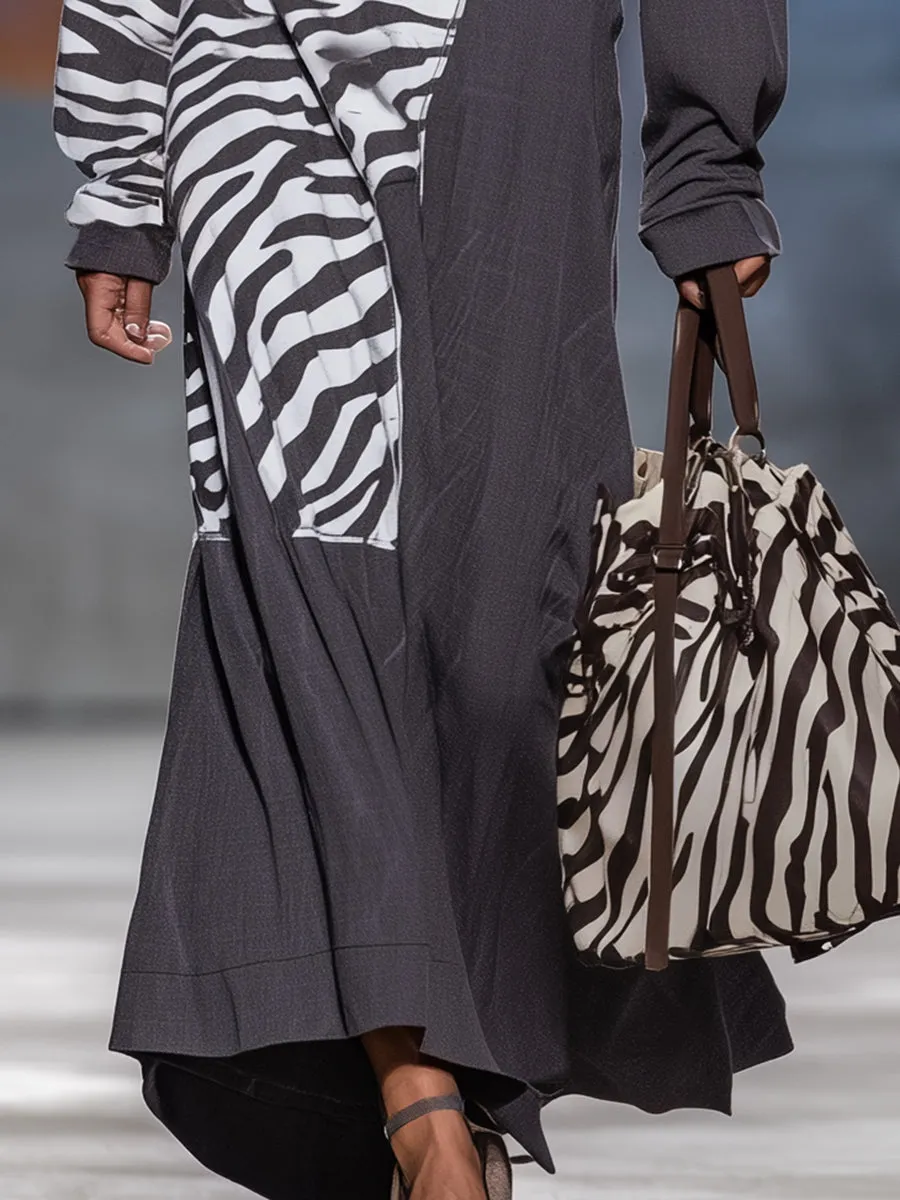 Stylish Grey Patchwork Zebra Print Hooded Maxi Dress sold by Oyrosy product image thumbnail 4