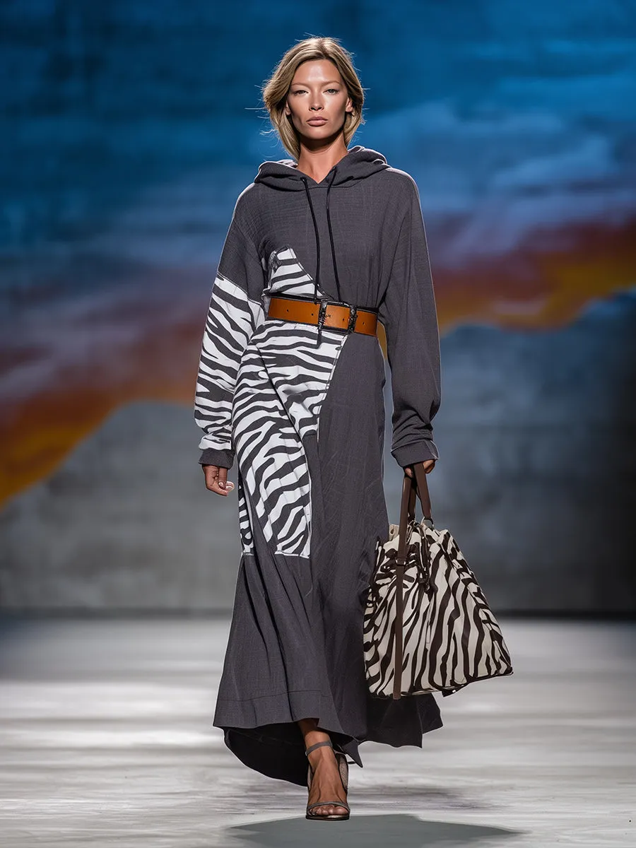 Stylish Grey Patchwork Zebra Print Hooded Maxi Dress sold by Oyrosy product image thumbnail 2