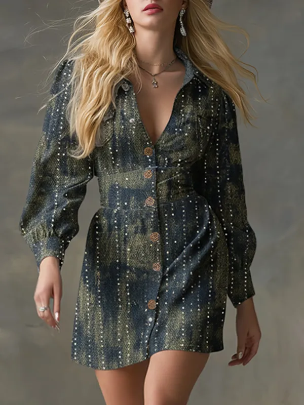 Trendy Distressed Blue Denim Rhinestone Mini Dress sold by Oyrosy