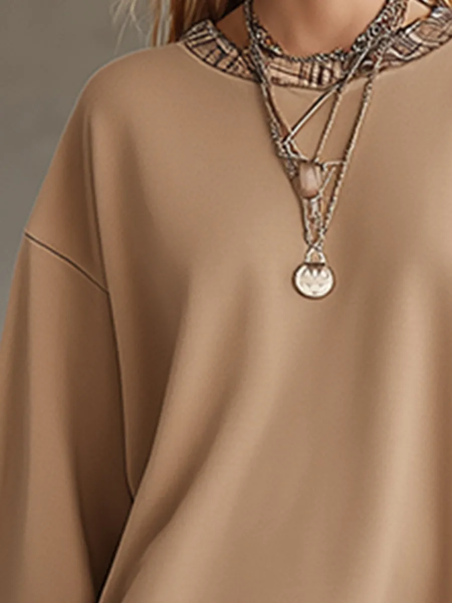 Casual Sporty Khaki Sweatshirt With Plaid Trim Mini Dress sold by Oyrosy product image thumbnail 3