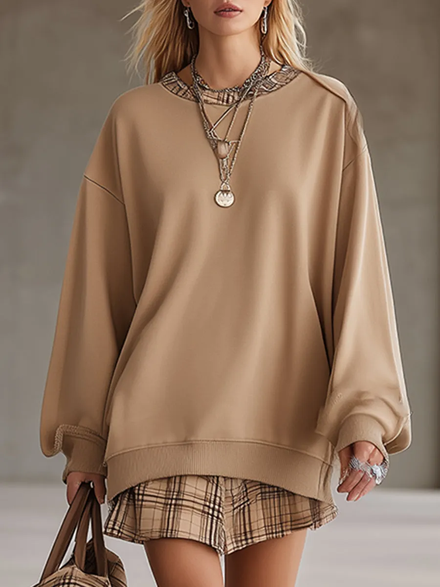 Casual Sporty Khaki Sweatshirt With Plaid Trim Mini Dress sold by Oyrosy