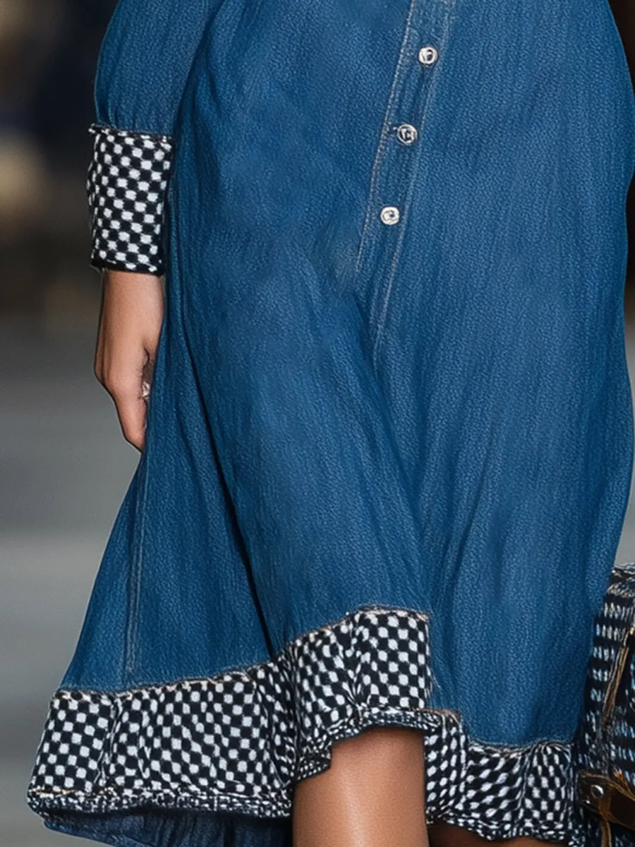 Western Blue Denim Patchwork Black And White Checkered Button Midi Dress sold by Oyrosy product image thumbnail 3