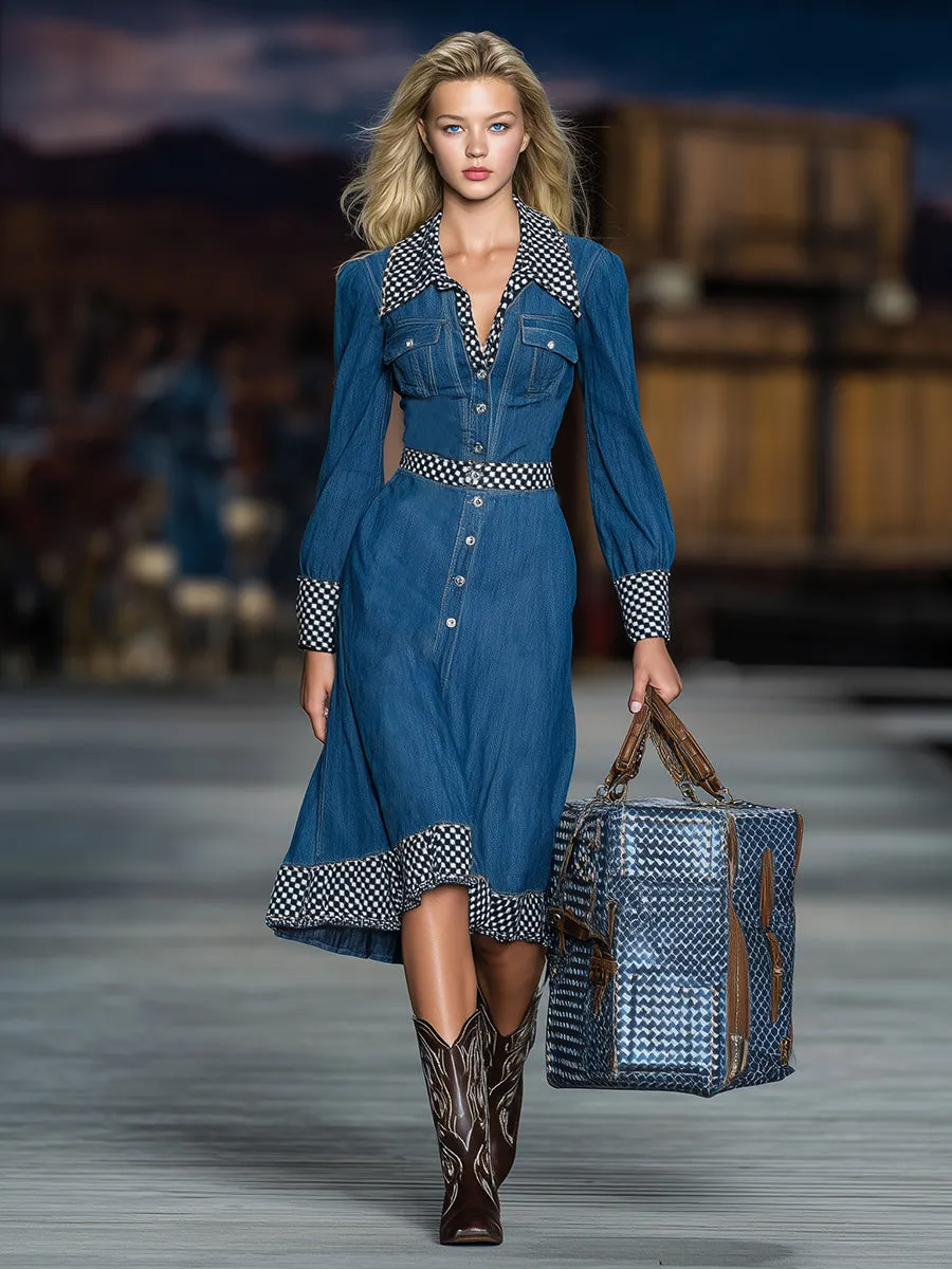 Western Blue Denim Patchwork Black And White Checkered Button Midi Dress sold by Oyrosy product image thumbnail 2