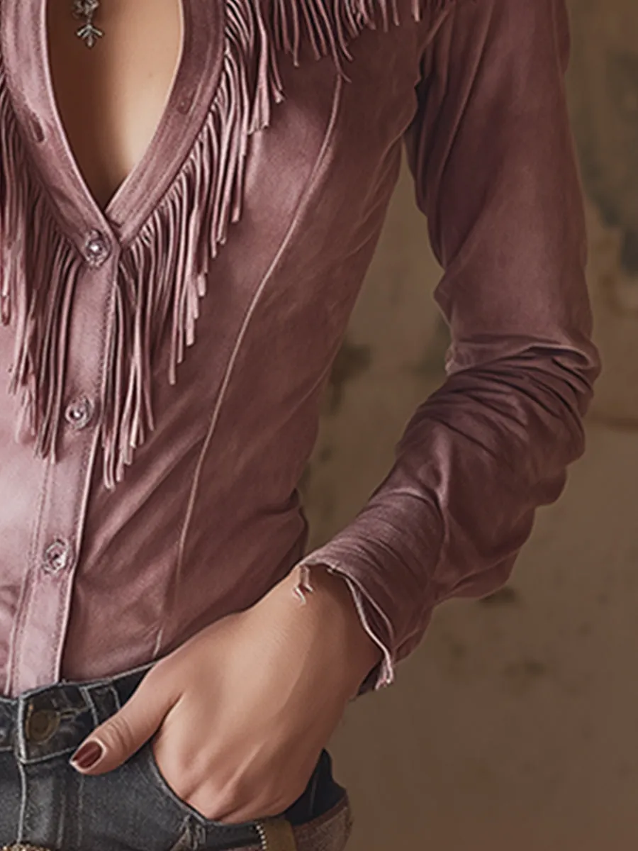 Retro-elegant Pink Collared Fringed Stretch Faux Suede Blouse sold by Oyrosy product image thumbnail 4