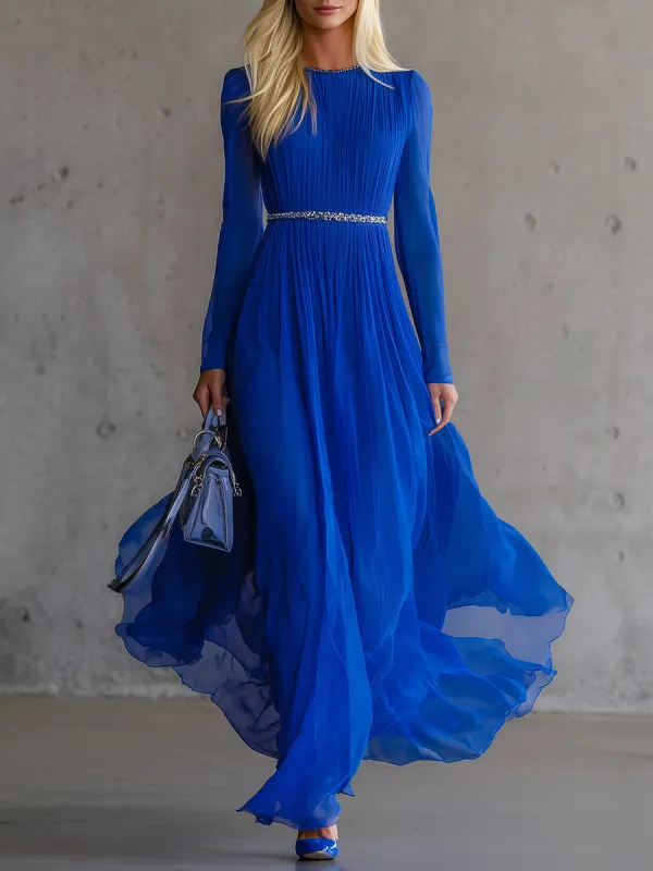Elegant Blue Chiffon Patchwork Ribbon Maxi Dress sold by Oyrosy