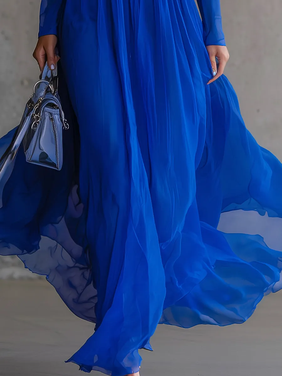 Elegant Blue Chiffon Patchwork Ribbon Maxi Dress sold by Oyrosy product image thumbnail 4