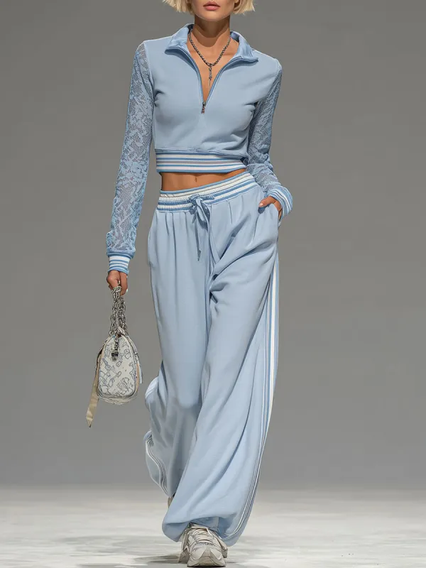 Lace Long-sleeved Zip-up Cropped Top And Wide-leg Pants Set sold by Oyrosy