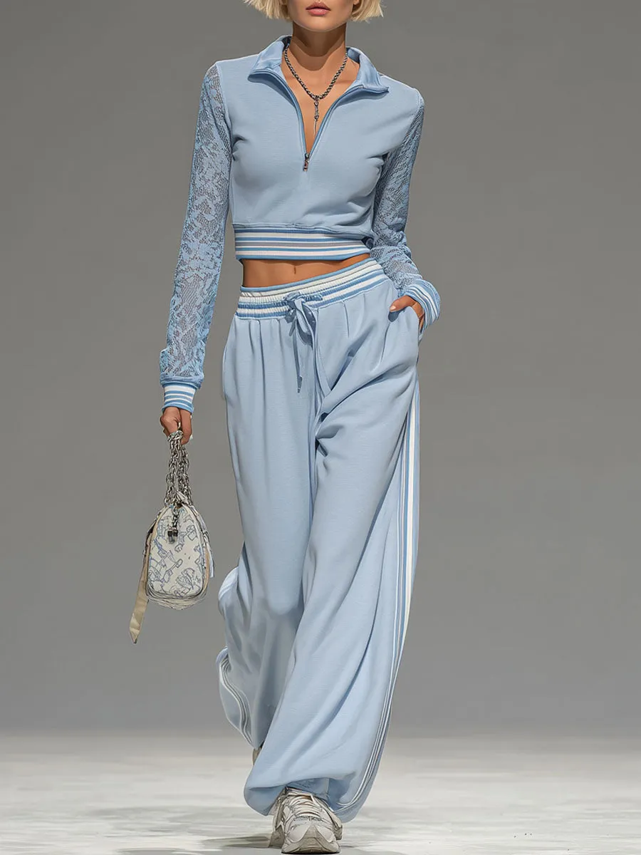 Lace Long-sleeved Zip-up Cropped Top And Wide-leg Pants Set sold by Oyrosy