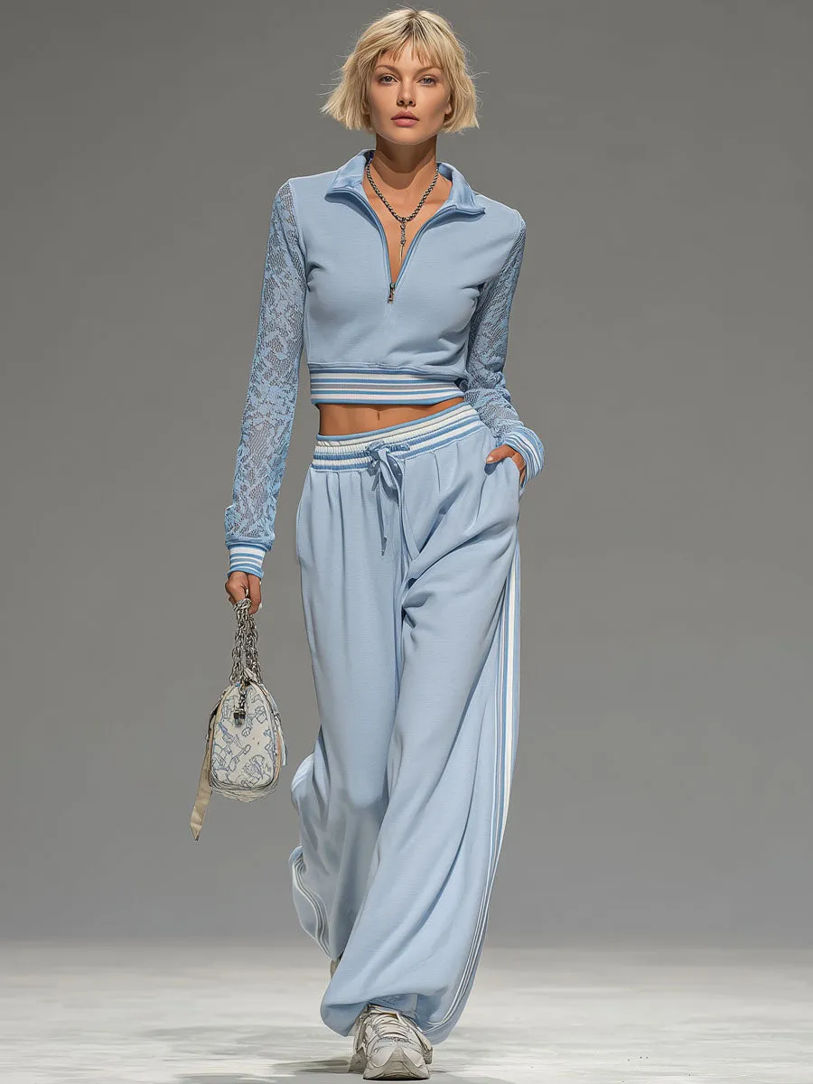 Lace Long-sleeved Zip-up Cropped Top And Wide-leg Pants Set sold by Oyrosy product image thumbnail 4