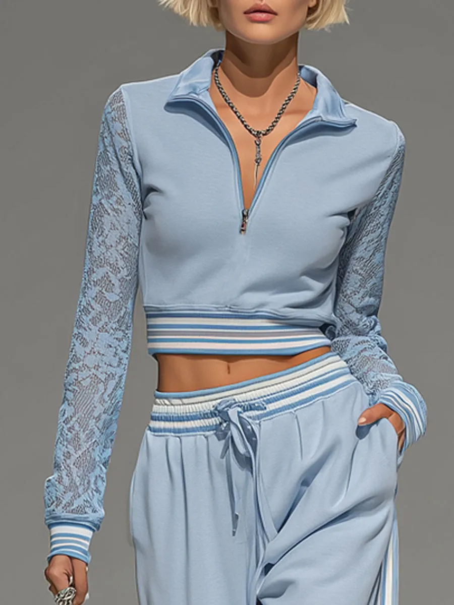 Lace Long-sleeved Zip-up Cropped Top And Wide-leg Pants Set sold by Oyrosy product image thumbnail 2