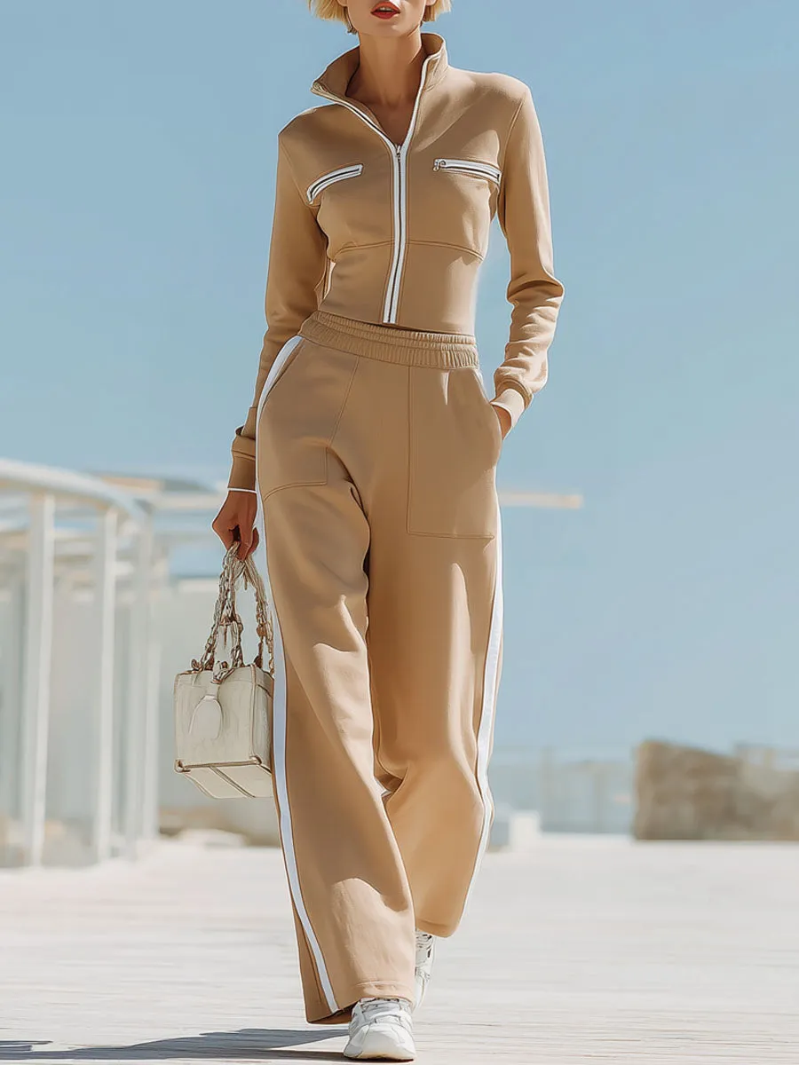 Color-blocked Pocket Stand-up Collar Zip-up Top And Wide-leg Pants Tracksuit sold by Oyrosy