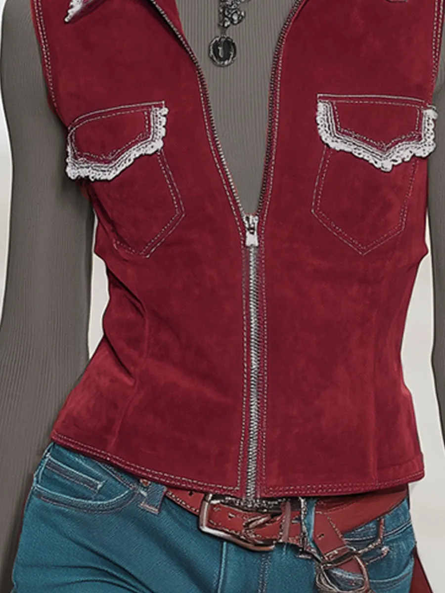 Lapel Double Pocket Lace-trimmed Zipper Faux Suede Vest sold by Oyrosy product image thumbnail 3