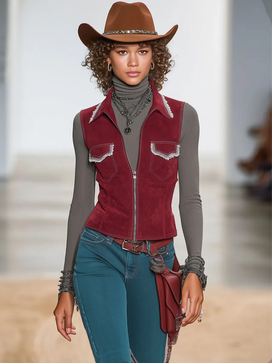 Lapel Double Pocket Lace-trimmed Zipper Faux Suede Vest sold by Oyrosy product image thumbnail 4