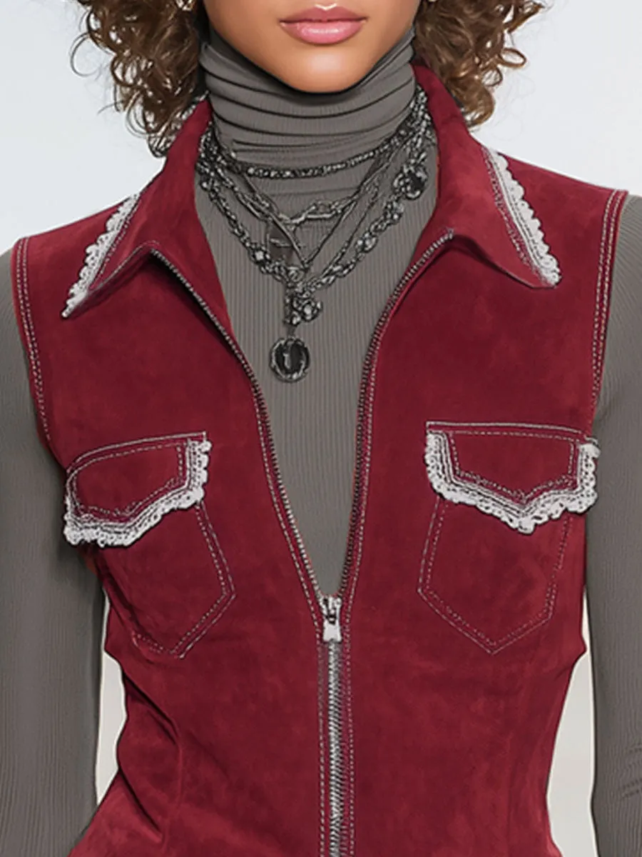 Lapel Double Pocket Lace-trimmed Zipper Faux Suede Vest sold by Oyrosy product image thumbnail 2