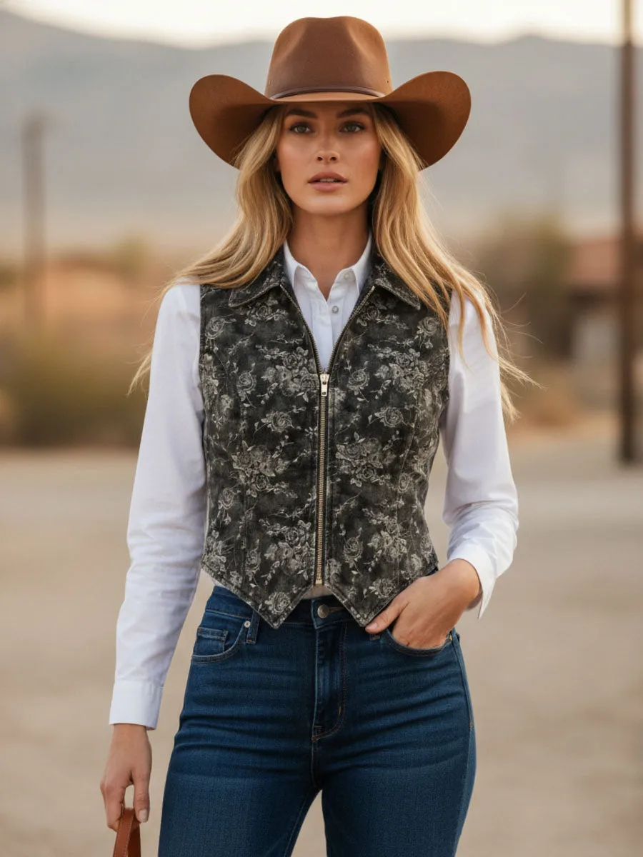 Retro-style Collared Zipper Denim Floral Vest sold by Oyrosy product image thumbnail 4