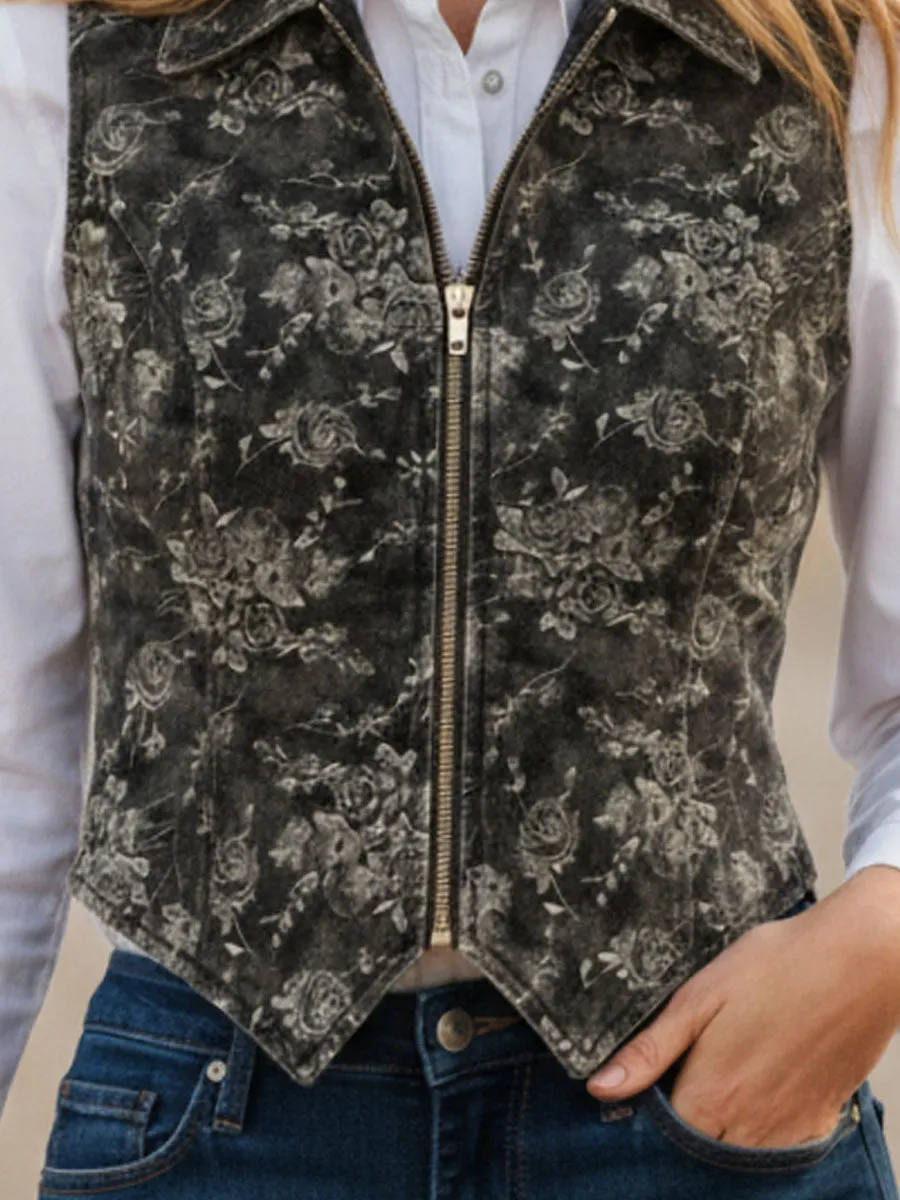Retro-style Collared Zipper Denim Floral Vest sold by Oyrosy product image thumbnail 3