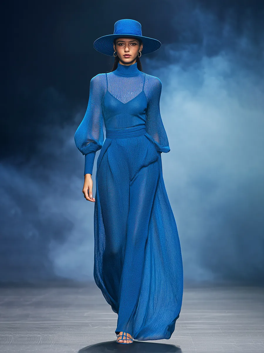 Casual And Stylish Blue Slightly Sheer Knit Top And Wide-leg Pants Set sold by Oyrosy product image thumbnail 2