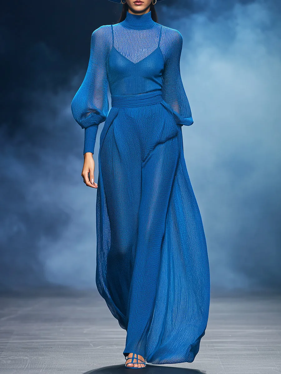Casual And Stylish Blue Slightly Sheer Knit Top And Wide-leg Pants Set sold by Oyrosy