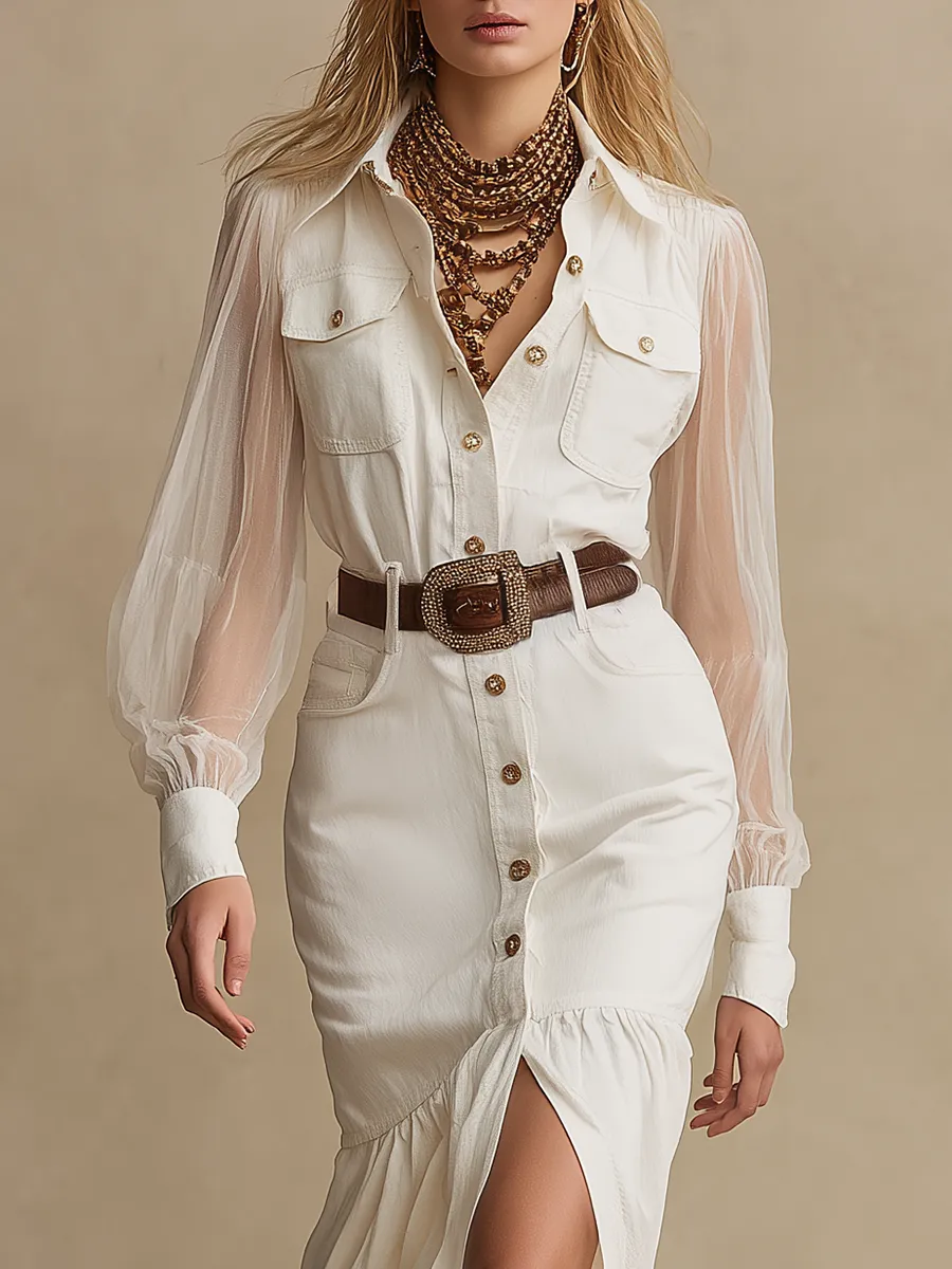 Vintage Western Front Button Transparent Long Sleeve White Denim Midi Dress sold by Oyrosy product image thumbnail 3
