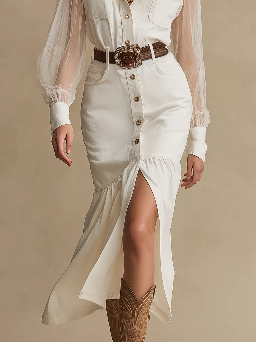 Vintage Western Front Button Transparent Long Sleeve White Denim Midi Dress sold by Oyrosy product image thumbnail 4