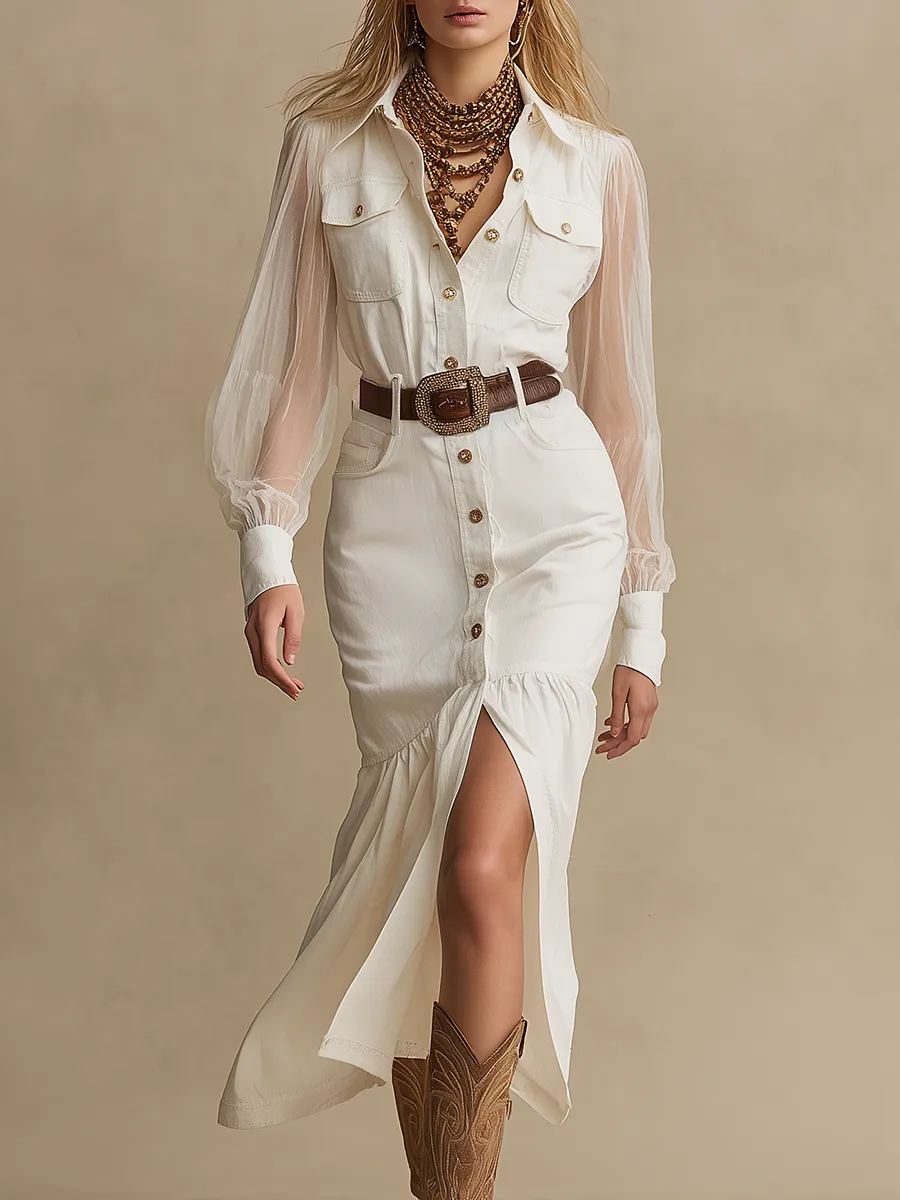 Vintage Western Front Button Transparent Long Sleeve White Denim Midi Dress sold by Oyrosy