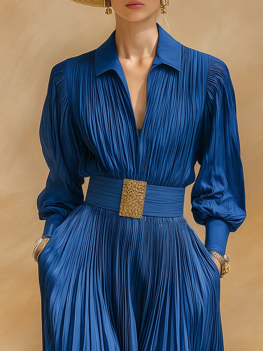 High-end Chic Pleated Royal Blue Satin Maxi Dress sold by Oyrosy product image thumbnail 3